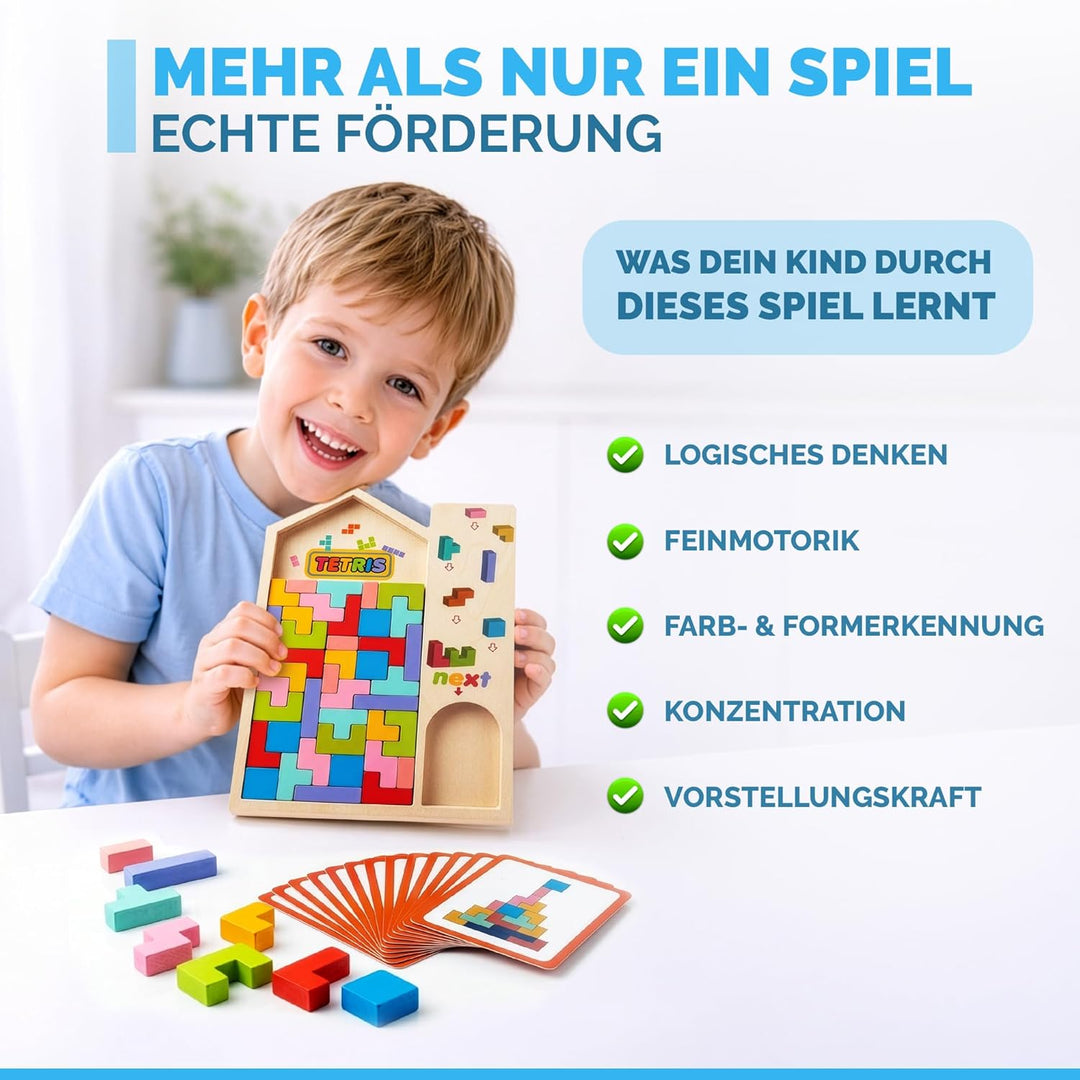 Tetris Holzpuzzle inklusive 10 doppelseitig gedrückte Karten zum Nachmachen– Stapelsteine - Montesso