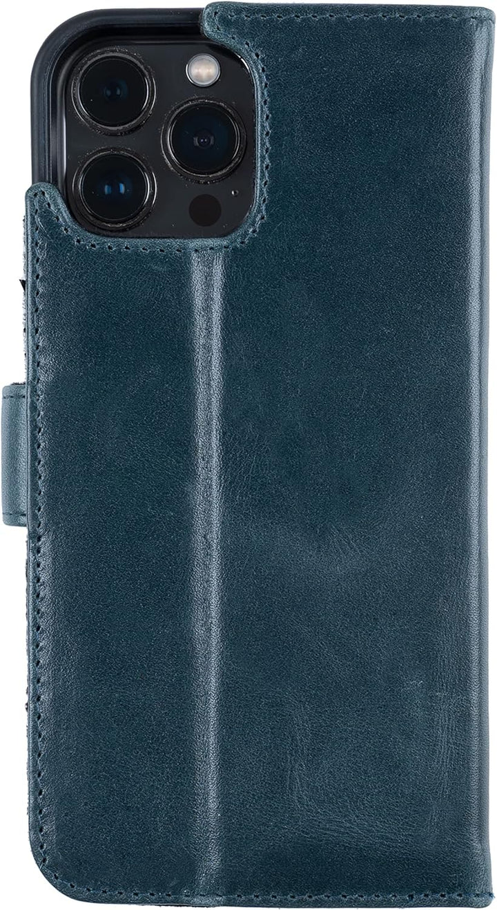 HANS/SON Hülle aus Echtleder mit Kartenfächern in Petrol | Blaue iPhone 13 Pro Max Klapphülle | Geld