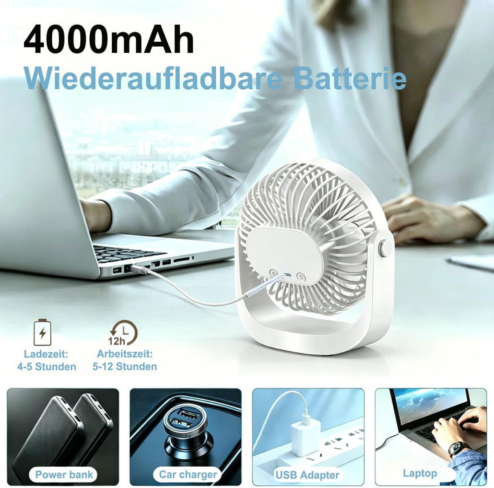 Schreibtischventilator mit Nachtlicht, tragbarer, leiser Ventilator mit USB-Akku, 360° drehbar, 5 Ge