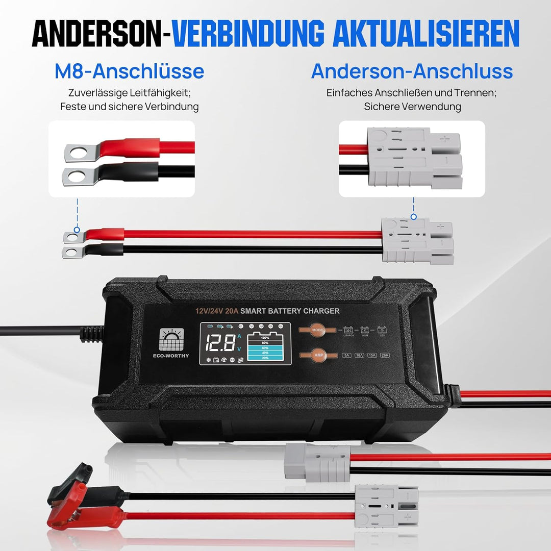 ECO-WORTHY 12V/24V 20A LiFePO4 Batterieladegerät mit Multi-Current Optionen 5A/10A/15A/20A,automatis