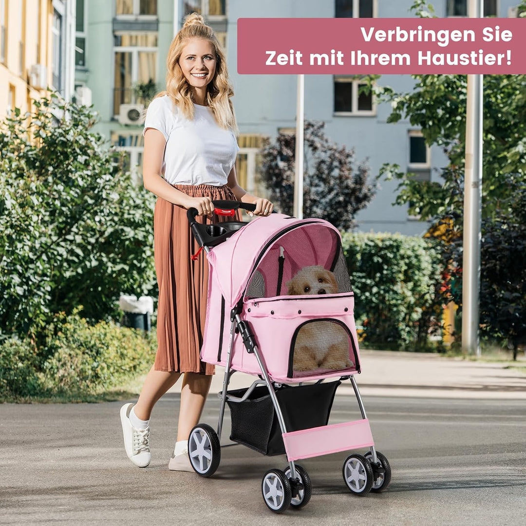 COSTWAY Hundewagen Haustiere Buggy, bis 15 kg, Hundebuggy mit Netzfenstern & Getränkehalter & Korb &