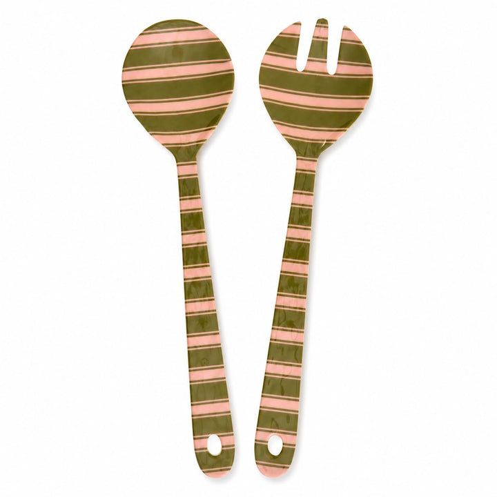 RICE Salatbesteck Melamin 2-teilig, 29 cm, grün rosa Streifen | Salatlöffel &amp; Salatgabel, BPA-frei,