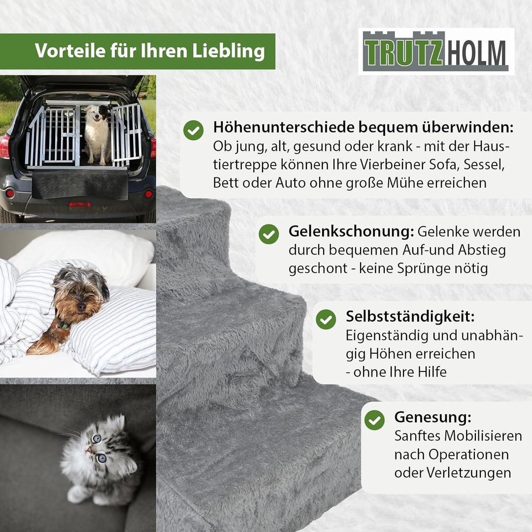 TRUTZHOLM Hundetreppe 3 Stufen Hunderampe für Bett und Sofa, Abnehmbarer, waschbarer Plüschbezug in