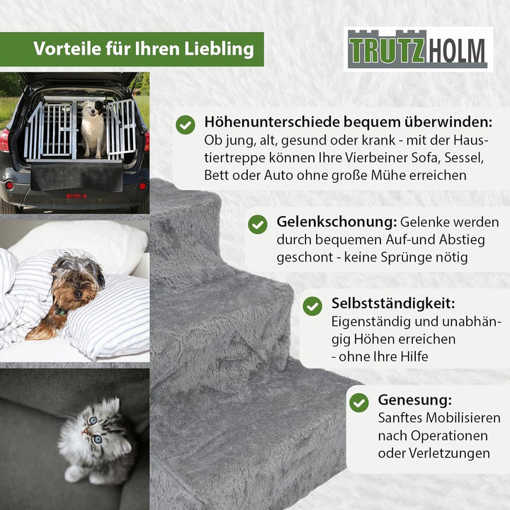 TRUTZHOLM Hundetreppe 3 Stufen Hunderampe für Bett und Sofa, Abnehmbarer, waschbarer Plüschbezug in