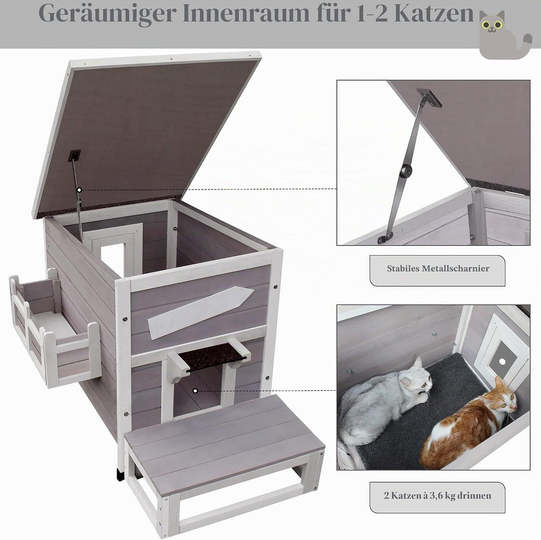 HiCaptain Katzenhaus für draussen, wetterfest, mit Fluchtür, einzigartiges Holzhaus für kleine Haust