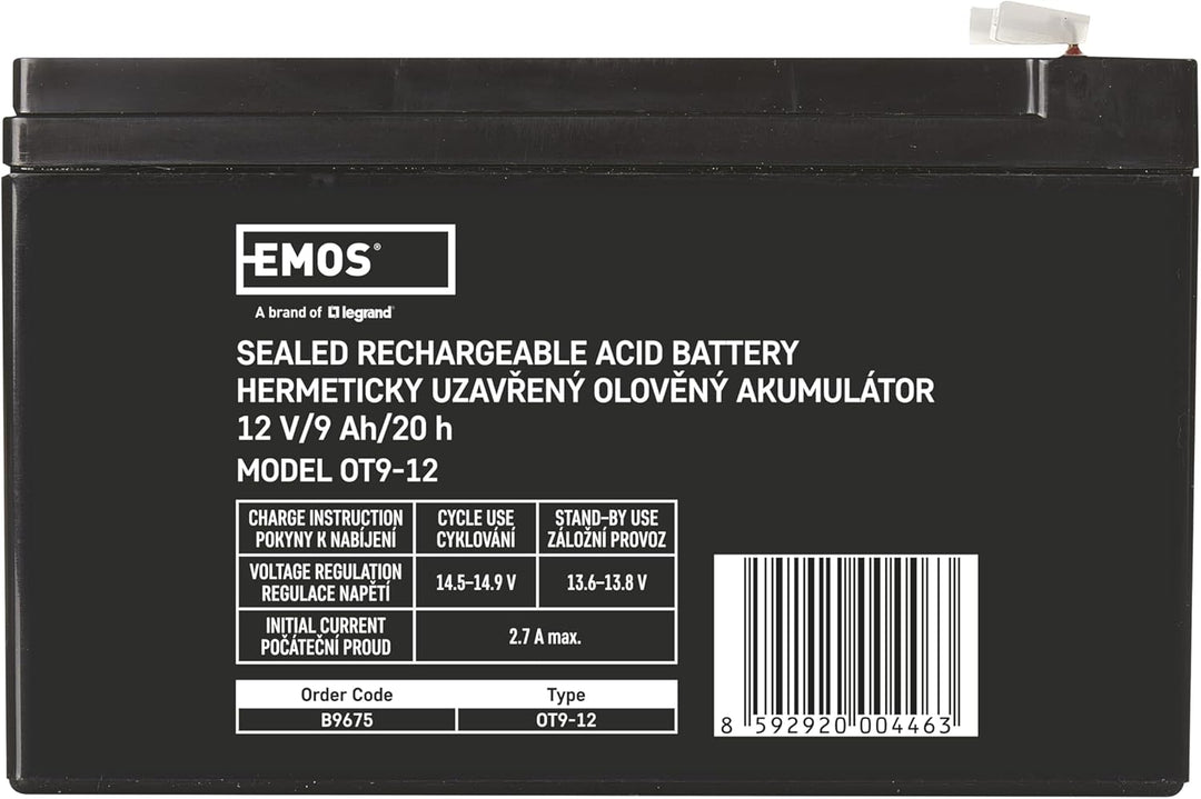 EMOS - Wartungsfreier Bleiakku - 12V 9Ah - AGM Batterie - Faston 6,3mm Anschluss - Für USV-Geräte -
