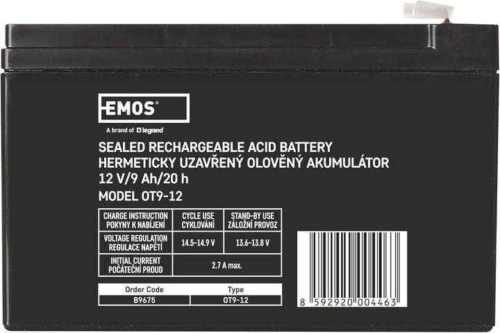 EMOS - Wartungsfreier Bleiakku - 12V 9Ah - AGM Batterie - Faston 6,3mm Anschluss - Für USV-Geräte -