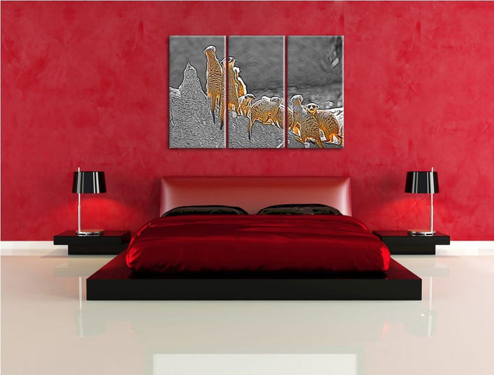 grosse liebevolle Erdmännchenfamilie schwarz/weiss Deluxe 3-Teiler Leinwandbild 120x80 Bild auf Lein