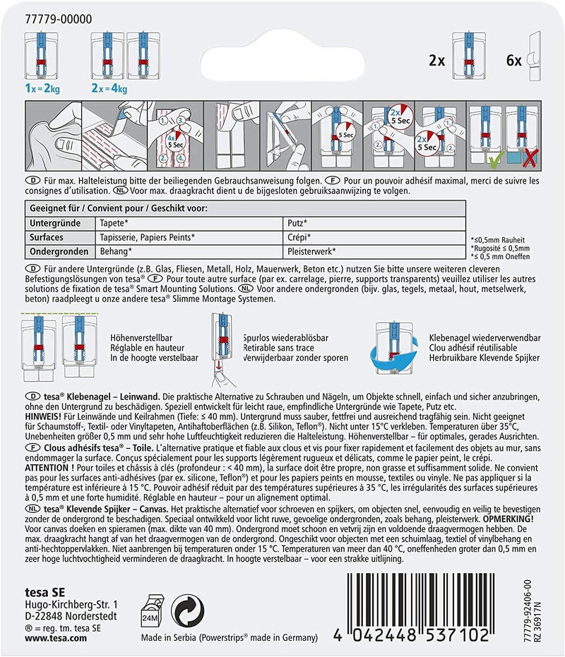 Tesa 77779 Leinwand Tapete & Putz Klebenagel Tapeten & Putz-höhenverstellbar-Selbstklebender ideal f