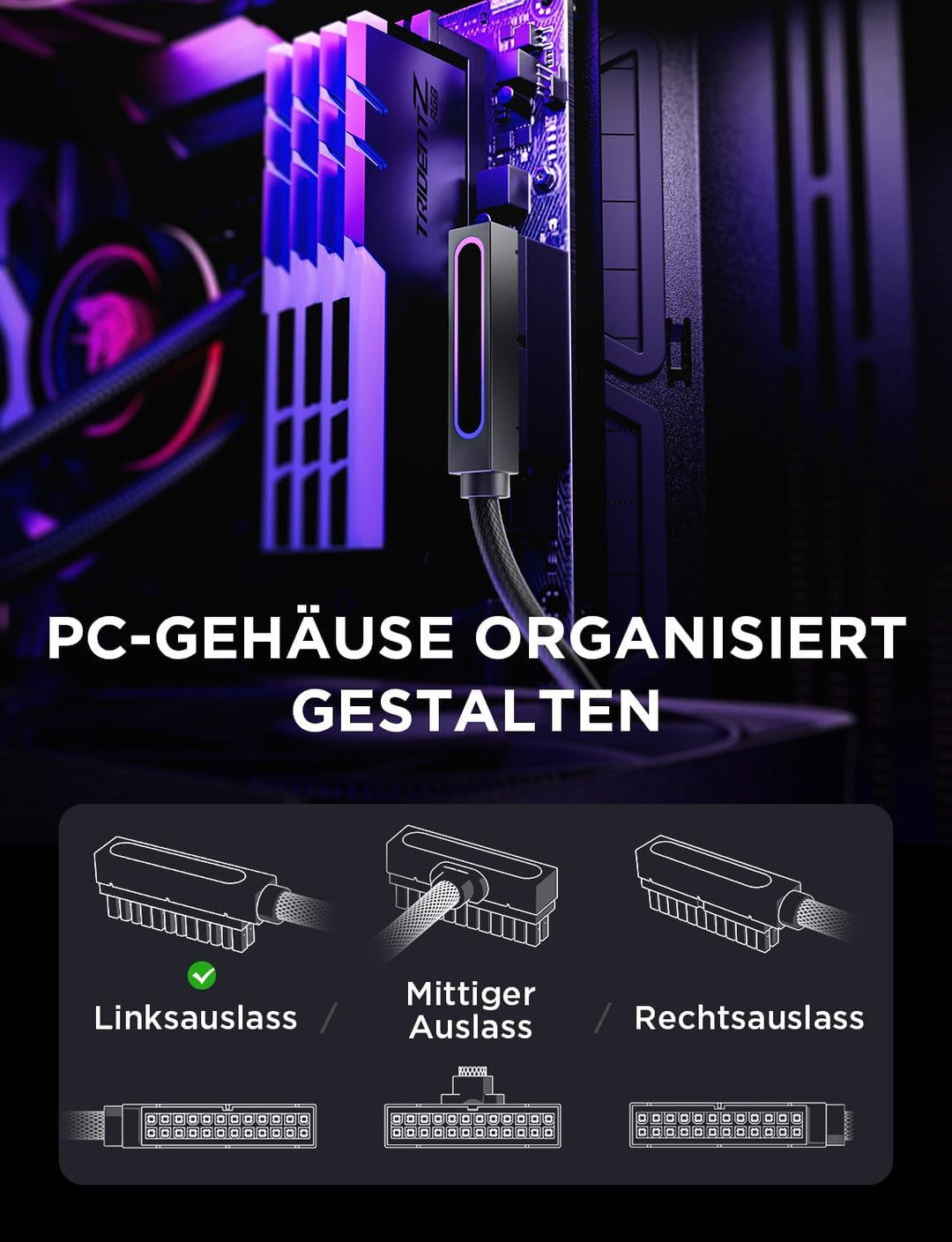 AsiaHorse Hydrus 24Pin PSU Kabelverlängerung L, PC 24 Pin Sleeved Cable für 24 Pin ATX [18AWG] Netzt