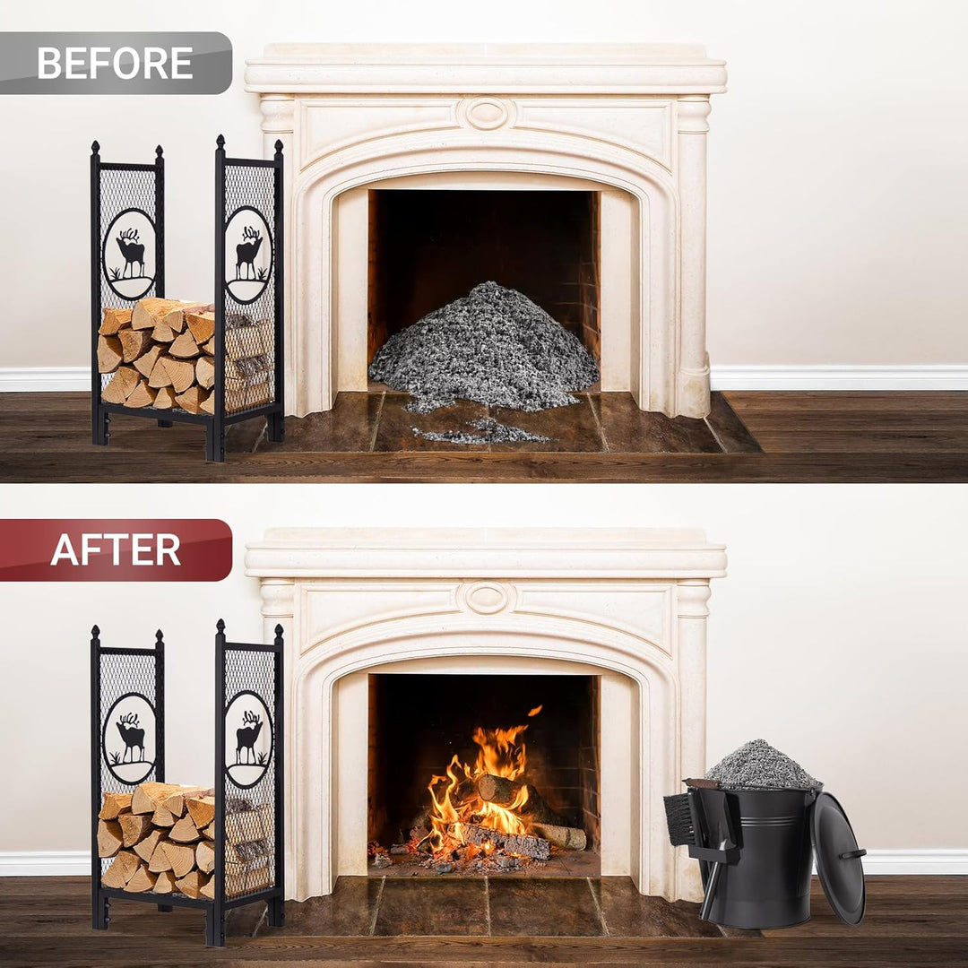 Todeco Ascheeimer Metall 19 L mit Deckel, Schaufel & Bürste, Hitzebeständiger, Holzgriff, Für Kamin,