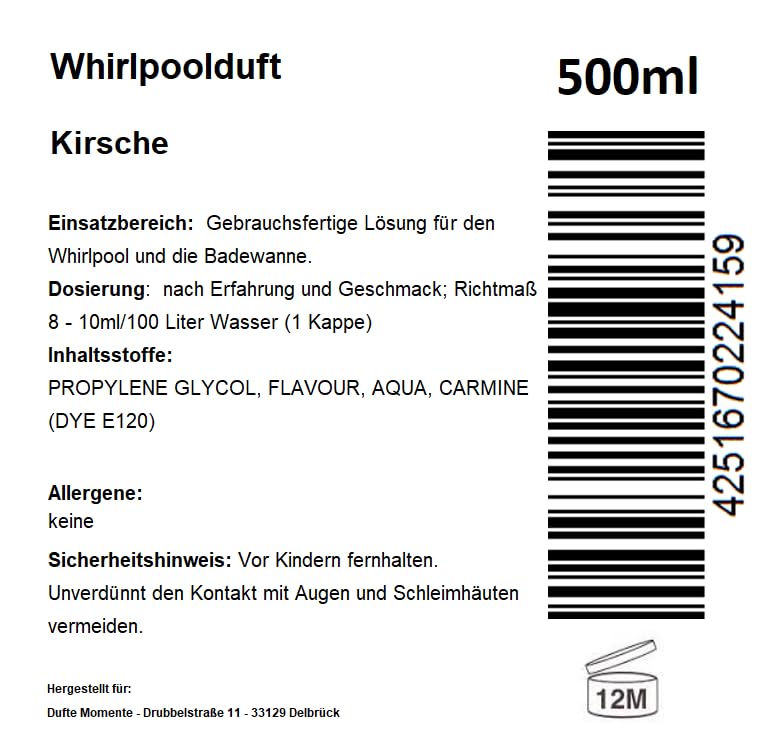 Dufte Momente | Whirlpool Duft Kirsche 500ml | mit naturreinen und natürlichen ätherischen Ölen | ke