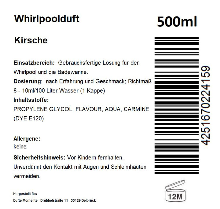 Dufte Momente | Whirlpool Duft Kirsche 500ml | mit naturreinen und natürlichen ätherischen Ölen | ke
