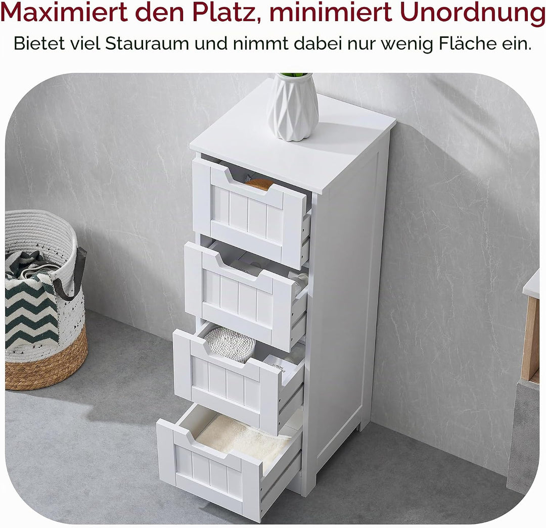 Bath Vida Badezimmerschrank mit 4 Schubladen, bodenstehende Aufbewahrungseinheit, Holz, weiss Priano