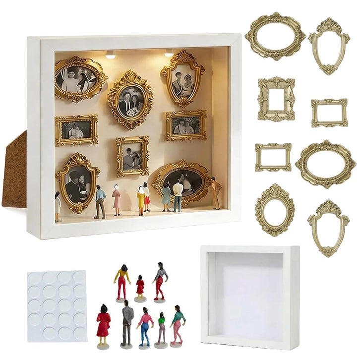 DIY-Mini-Museums-Silhouettenbox Foto-Erinnerungsset:Bilderrahmen mit LED-Licht, 8 Mini-Goldrahmen 8