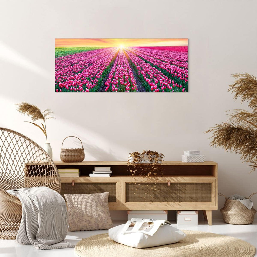 Wandbilder Dekoration Wohnzimmer Wiese Tulpen Sonnenuntergang Frühling Bilder auf Leinwand 120x50cm