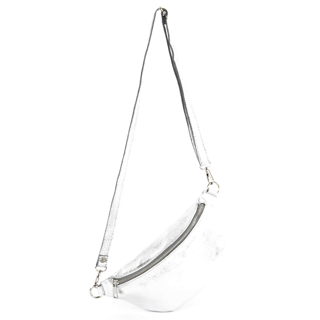 modamoda de - T211 - ital. Hüfttasche Bauchtasche Brusttasche Medium aus weichem Leder, Farbe:Silber