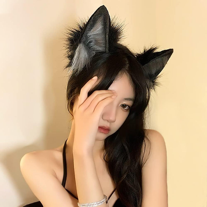 VIGVAN Handgemachte Wolf Fuchs Ohren Cosplay Kopf Zubehör Kawaii Haarband (Wolf Schwarz Grau), Wolf