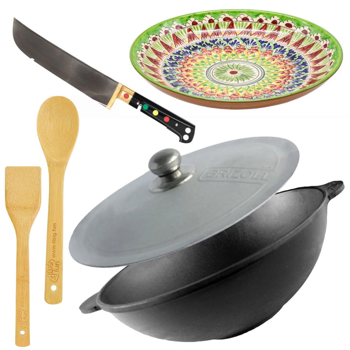 BIG-PAN Wok 30 cm Kazan aus Gusseisen 4,7 L mit zwei Griffen Aluminiumdeckel Bambus-Küchenutensilien