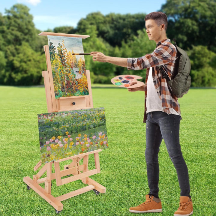 Extra grosse Kunstmalstaffelei aus Massivholz, Höhenverstellber Holzstaffelei mit Rollen &amp; Tablett,
