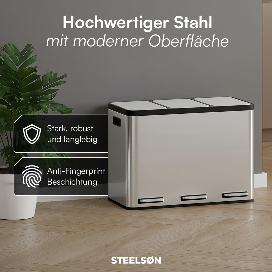 STEELSØN Epsilon Mülleimer 3 Fächer – Mülltrennsystem Küche 3x15L aus Edelstahl Silber – Tretmülleim