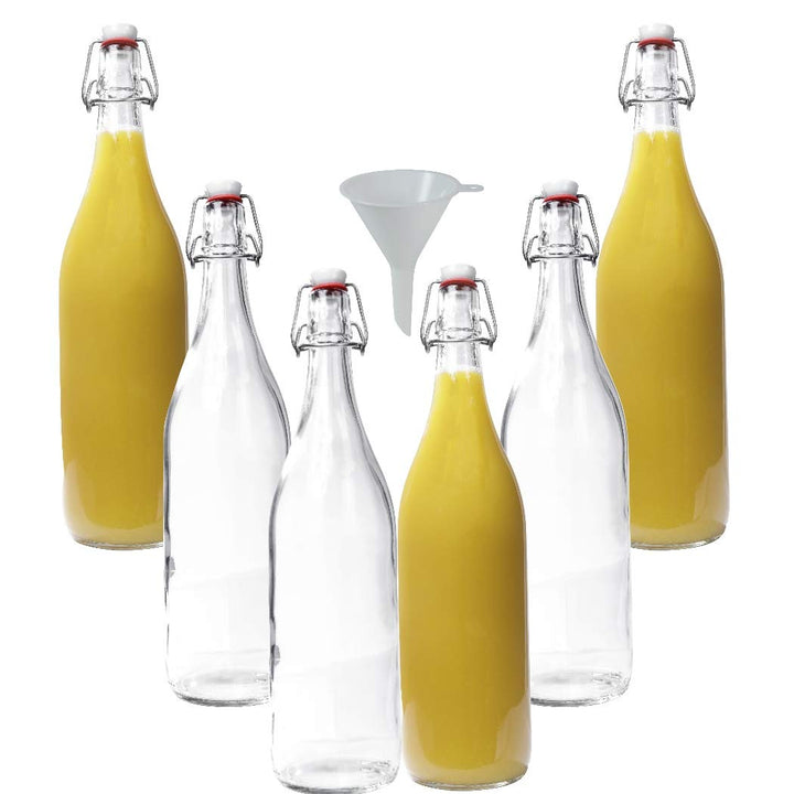 mikken 6X Glasflasche 1 Liter mit Bügelverschluss aus Porzellan inkl Trichter, Transparent Single, S