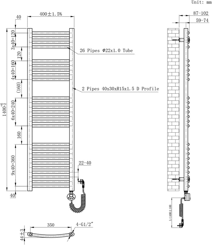 EMKE Badheizkörper Elektrisch 140x40 cm, Gebogen Handtuchheizkörper Elektrisch mit Thermostat, Handt