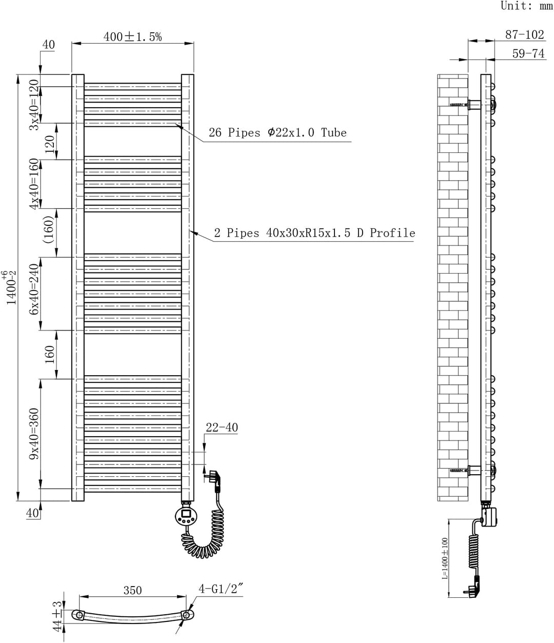 EMKE Badheizkörper Elektrisch 140x40 cm, Gebogen Handtuchheizkörper Elektrisch mit Thermostat, Handt
