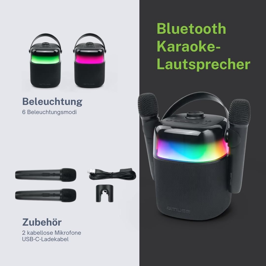M-530 KA Bluetooth Karaoke Speaker | Kabelloser Soundspass mit Lichteffekten & 2 Mikrofonen für unve