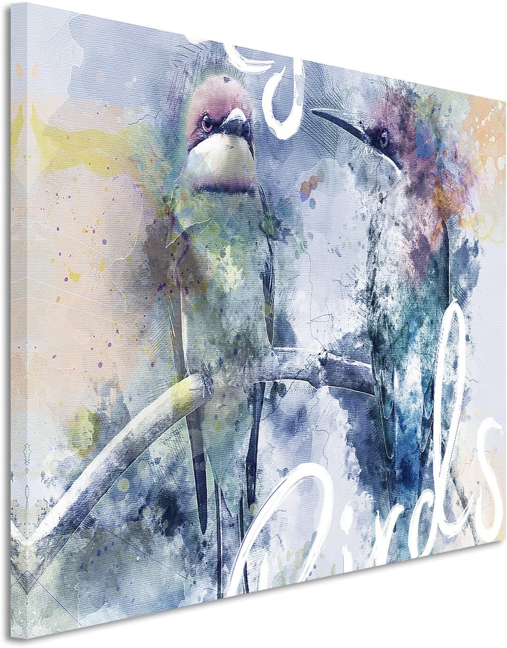 Paul Sinus Art Bild Leinwand 80x60cm Vogel auf Zweig in Blautönen mit Kalligraphie, 80x60cm