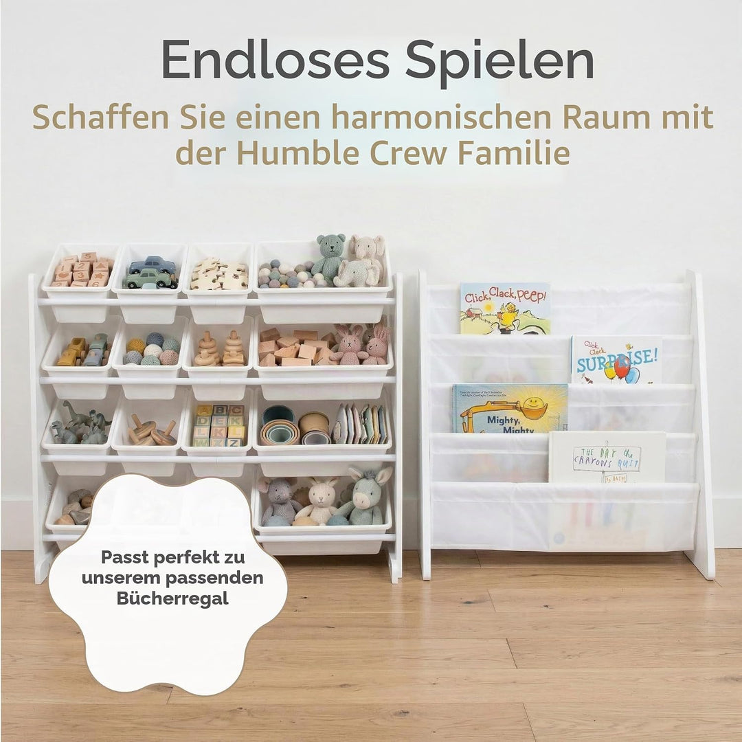 Humble Crew extragrosses Kinderregal aus Holz, Weiss! 16 Kunststoffboxen für Spielzeug, ideal für Ki