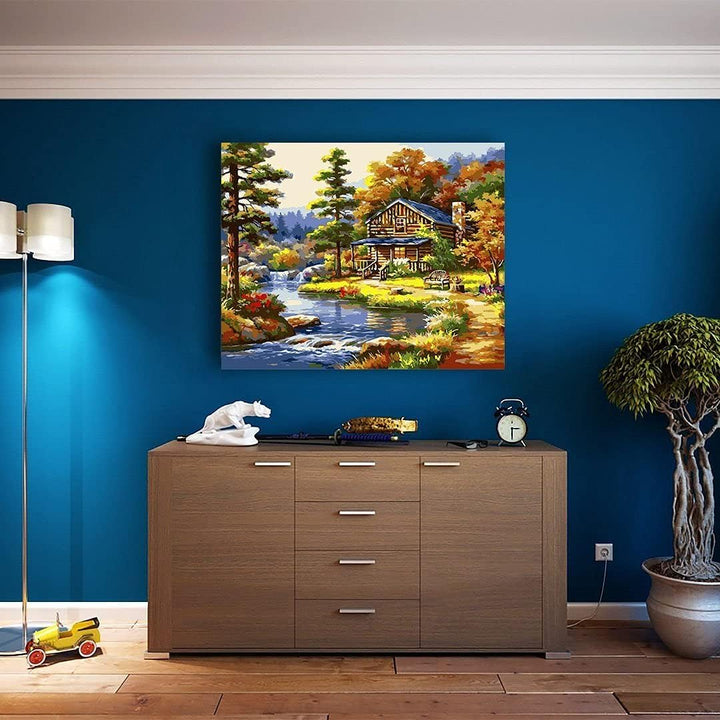 Artnapi Malen nach Zahlen Erwachsene mit Rahmen | DIY Handgemalt | Waldhäuschen am Fluss | Kit für A