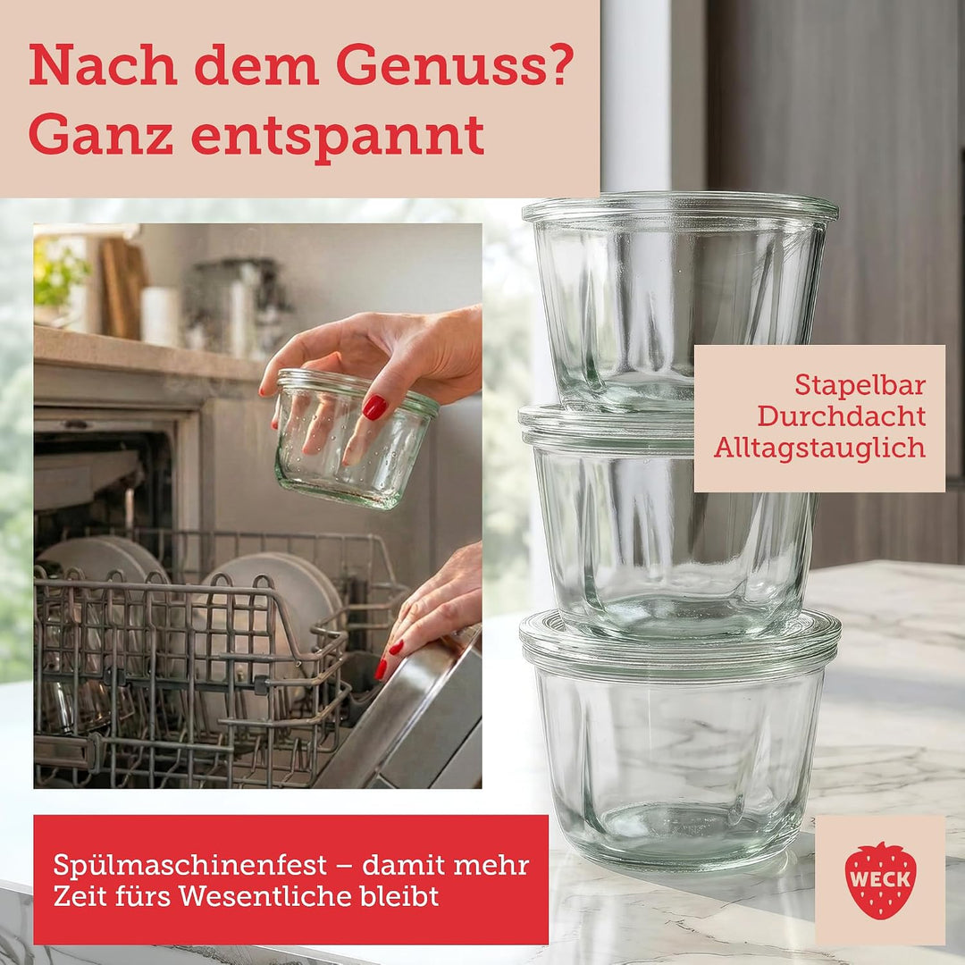 Weck Glas 6 280ml Gugelhupf Form RR100 mit Auswahl Zubehör im Original Weck Karton (Mit Glasdeckel)