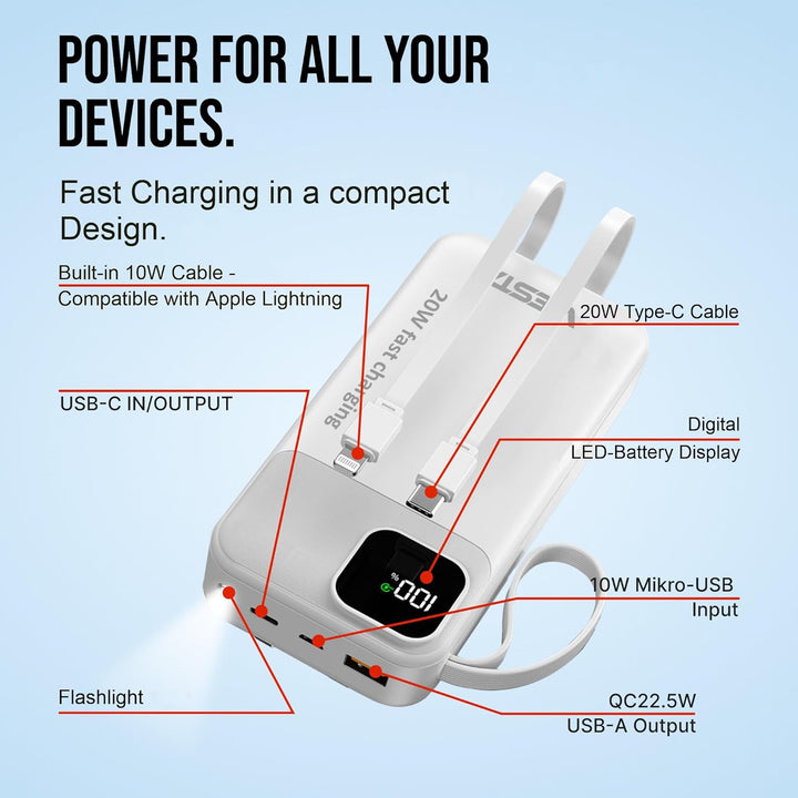 Powerbank 20.000 mAh Schwarz – 22,5 W Schnelllade-Powerbank mit PD 20W, integriertem USB-C- & Lightn