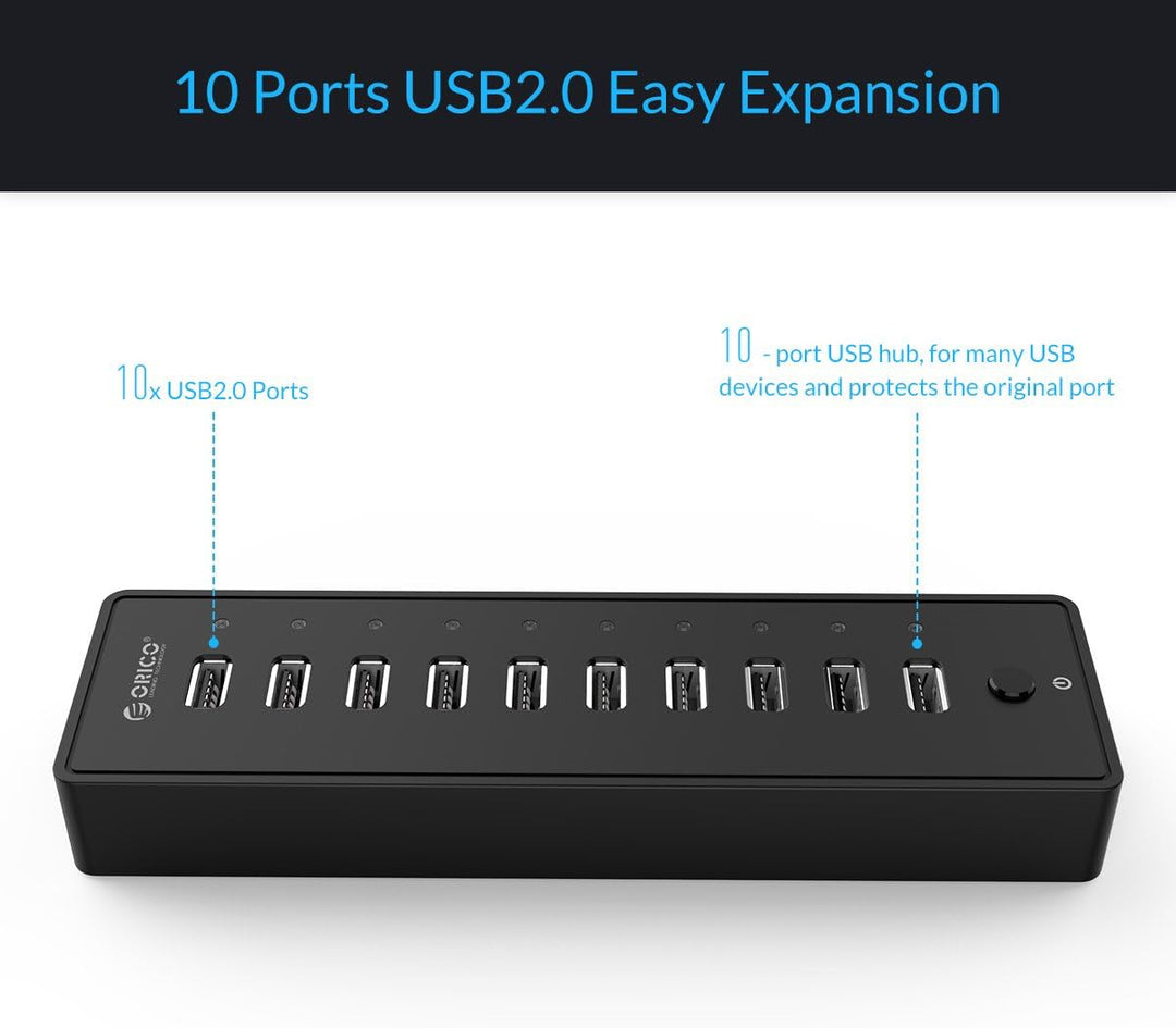 ORICO USB 2.0 Hub 10 Ports mit Netzschaltern und Netzteil 30W (12V2.5A), 480 Mbps Speed Datenhub für