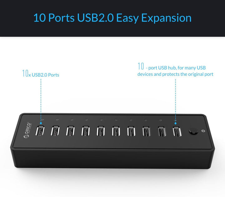 ORICO USB 2.0 Hub 10 Ports mit Netzschaltern und Netzteil 30W (12V2.5A), 480 Mbps Speed Datenhub für