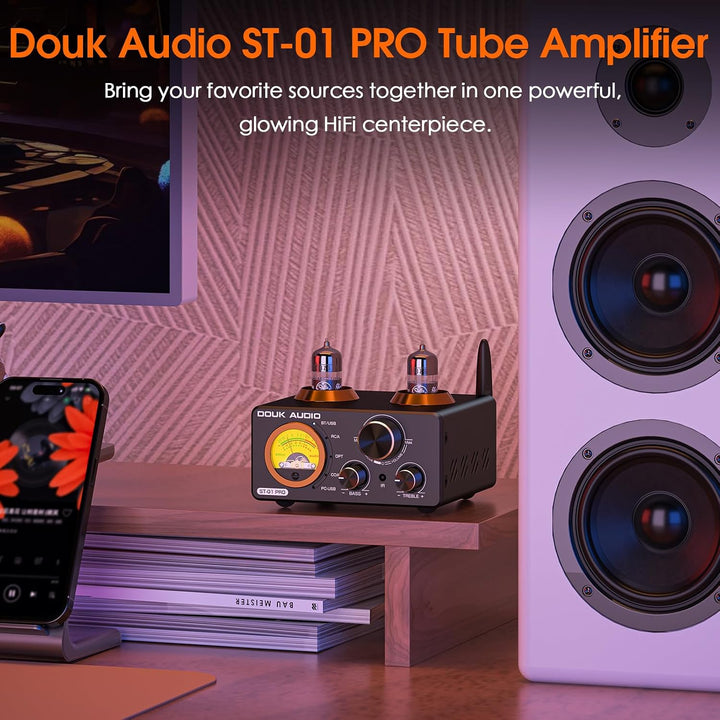 Douk Audio ST-01 PRO HiFi-Verstärker, 200W Mini Röhrenverstärker mit Bluetooth 5.0, VU-Messer, USB D