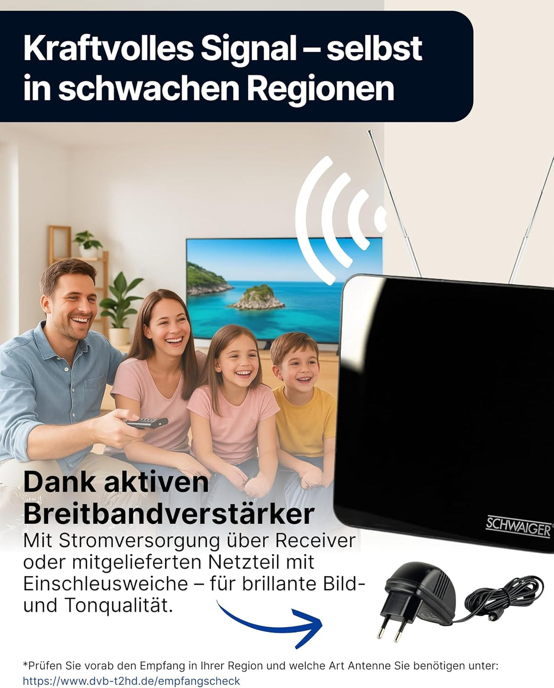 SCHWAIGER 720372 DVB-T2 Zimmerantenne aktiv mit Verstärker DAB+ DVB-T Antenne Fernsehen LTE-Sperrfil