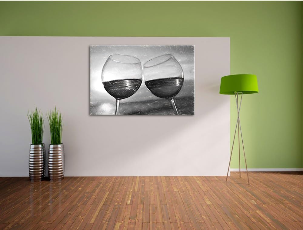 Pixxprint Weingläser im Sonnenuntergang am Meer Kohle Effekt, Format: 100x70 auf Leinwand, 100x70