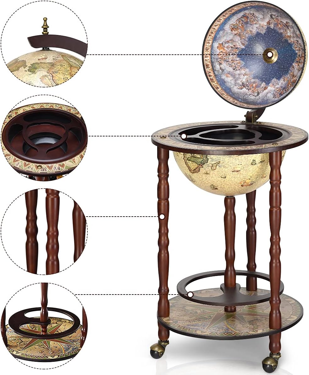 RELAX4LIFE Globusbar mit Rollen, Minibar Massivholz, Weinregal Flaschenregal mit Bodenplatte, Barwag