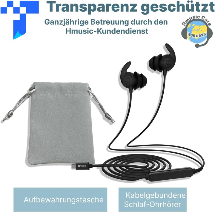 Hmusic Schlaf Ohrhörer, 30dB Geräuschisolierung, 2g leicht USB C Kopfhörer, flach/dünn Komfortable S