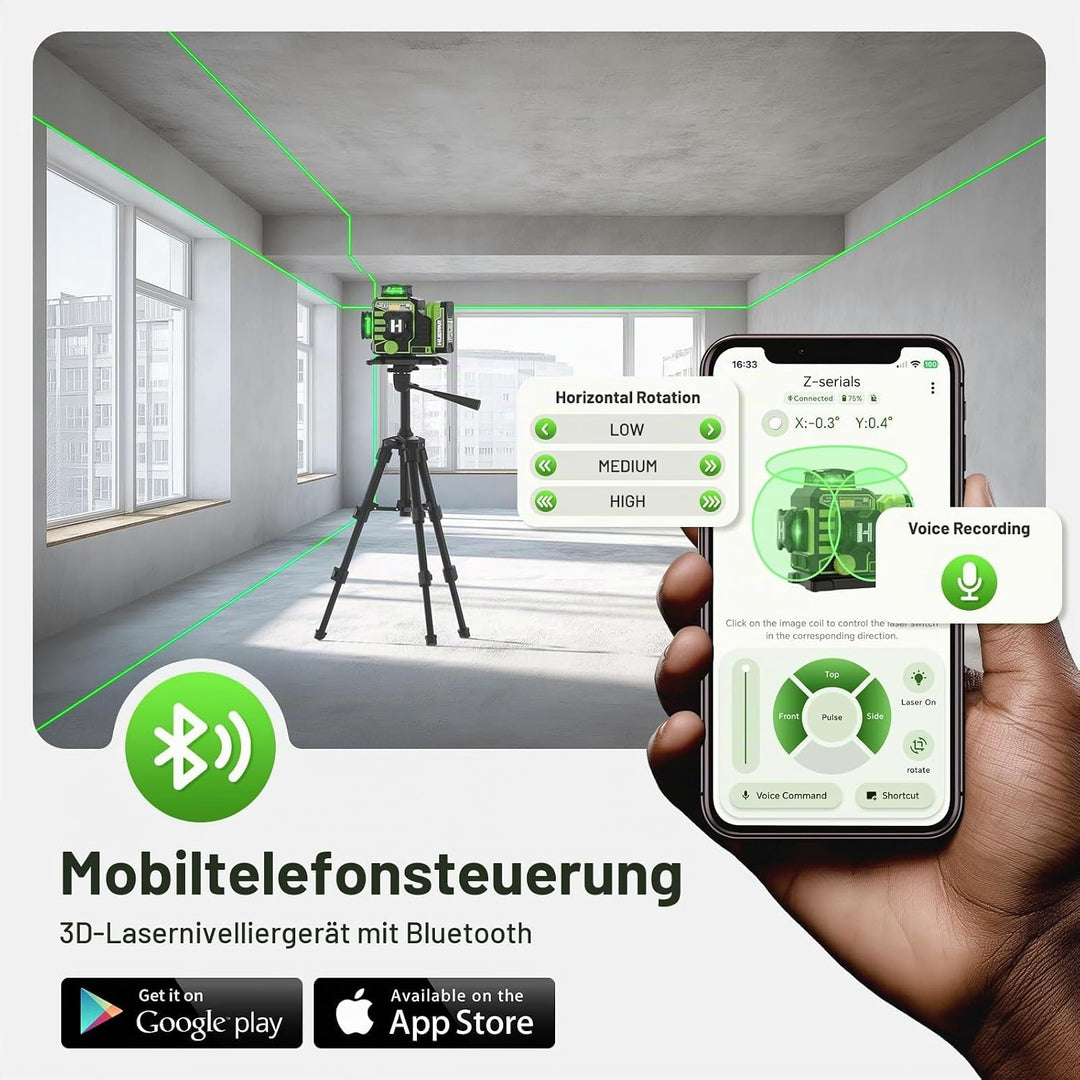 Huepar W03CG 3D-Laser-Nivelliergerät für Neubauten, 3x360° selbstnivellierend, 12 Linien, Bluetooth-