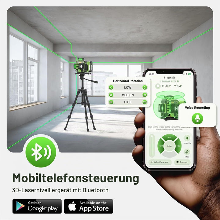 Huepar W03CG 3D-Laser-Nivelliergerät für Neubauten, 3x360° selbstnivellierend, 12 Linien, Bluetooth-