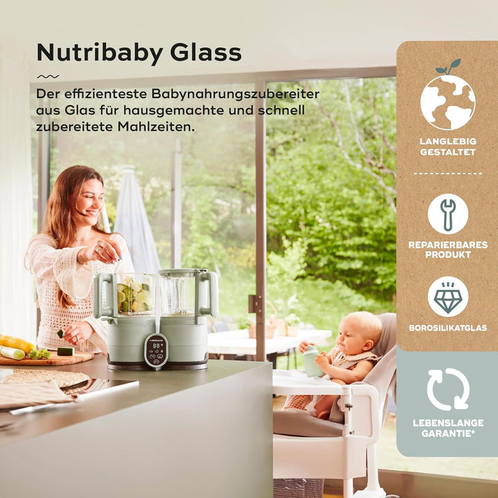 Babymoov Nutribaby Glass Green Celadon - Babynahrungszubereiter aus Glas und Edelstahl, 4-in-1: Damp