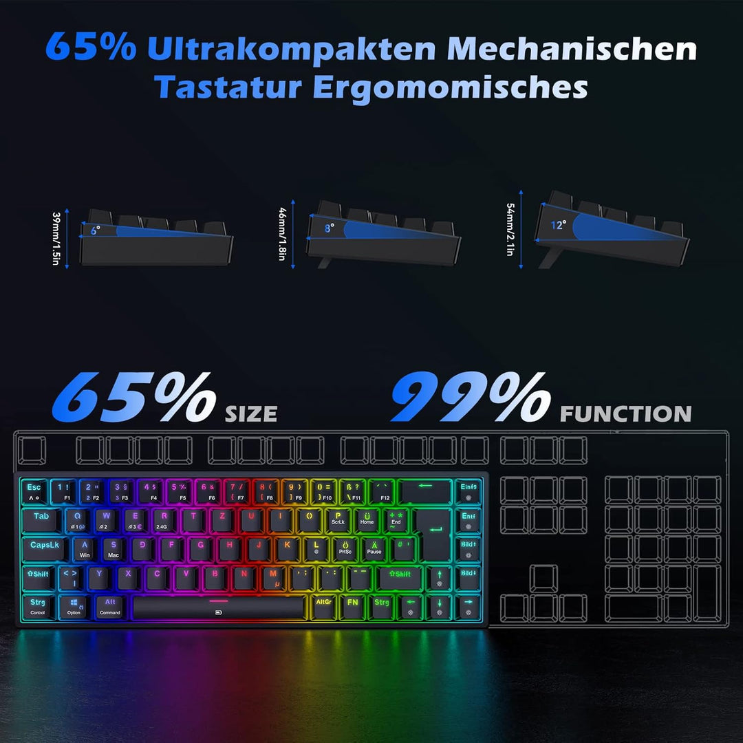 TECURS Gaming Tastatur Kabellos, Mechanische Tastatur RGB QWERTZ (German Layout) mit Rote Schalter f