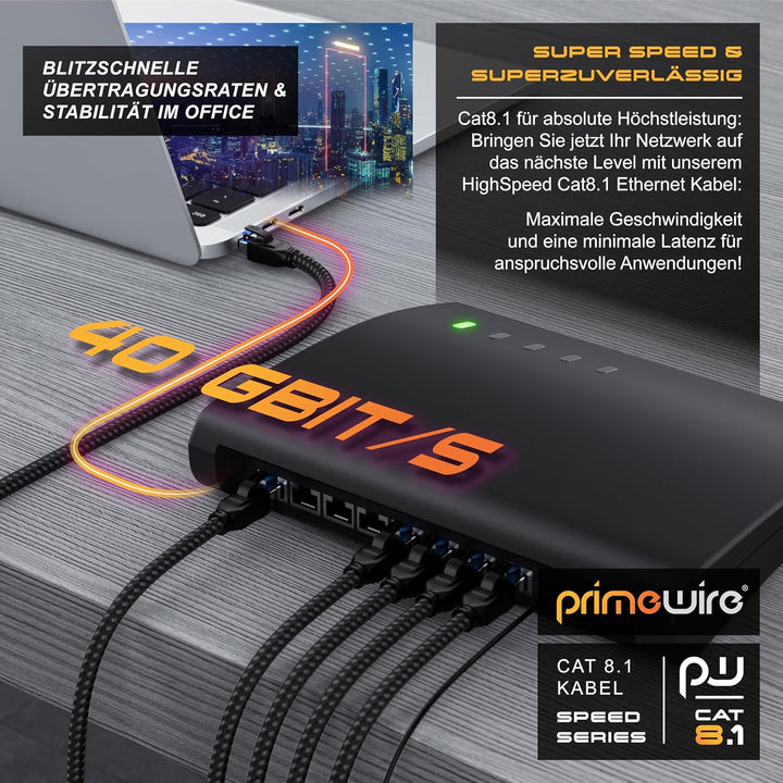 CSL - CAT8.1 Netzwerkkabel 40 Gbits - 15m - Baumwollmantel - Black Series - LAN Kabel Patchkabel RJ4