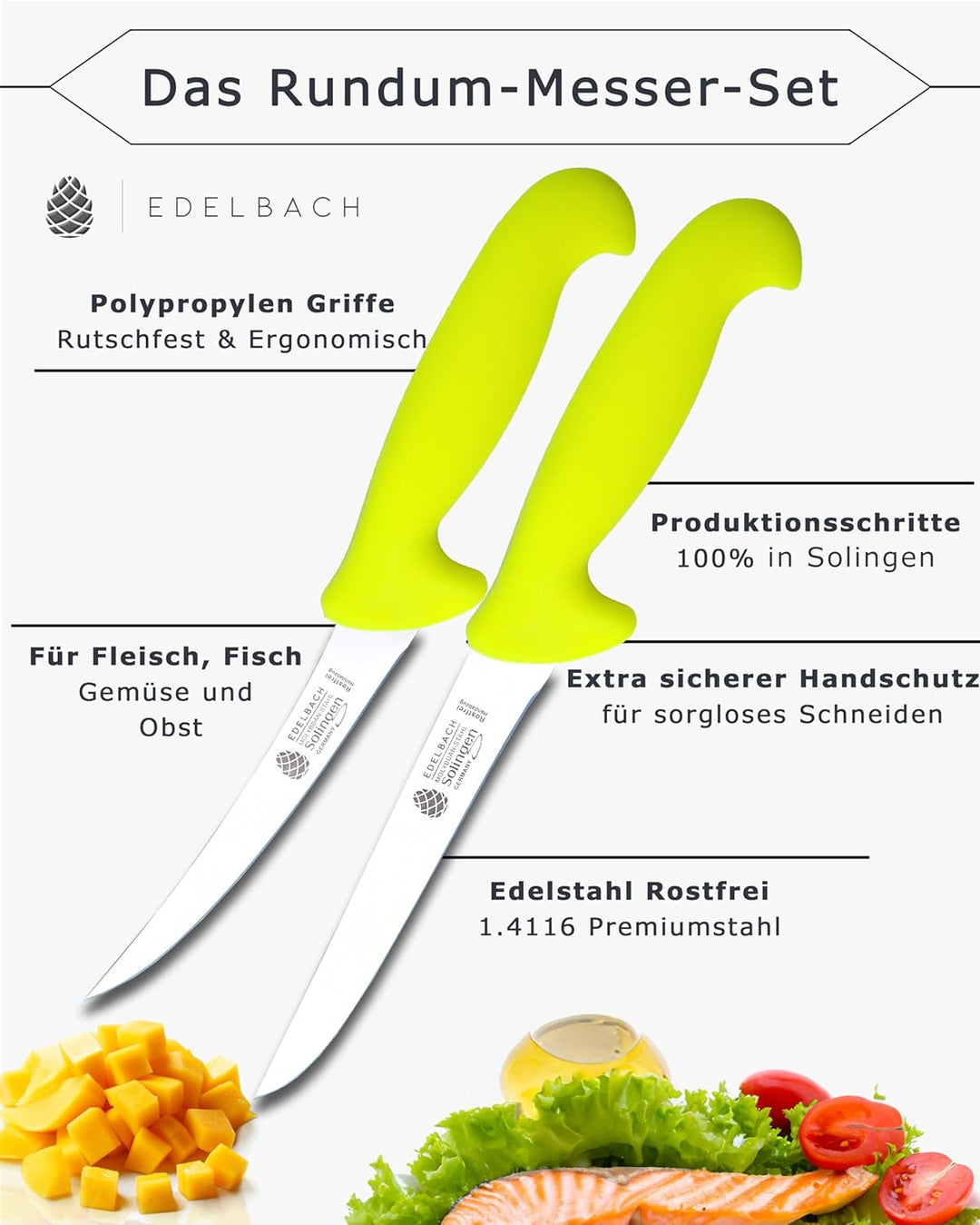 Edelbach Solingen Küchenmesser Set | 3x Profi Fleischmesser | Ultrascharf Messerset Made in Germany