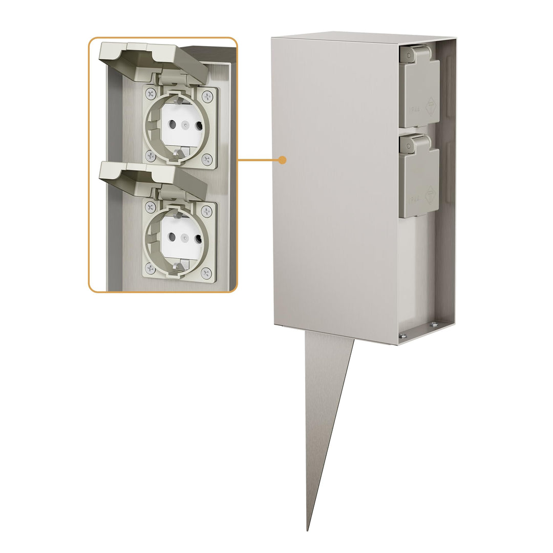 ledscom.de Garten-Steckdosen-Säule POMI mit Erdspiess für aussen, IP44, 4-Fach, Edelstahl, eckig, 23