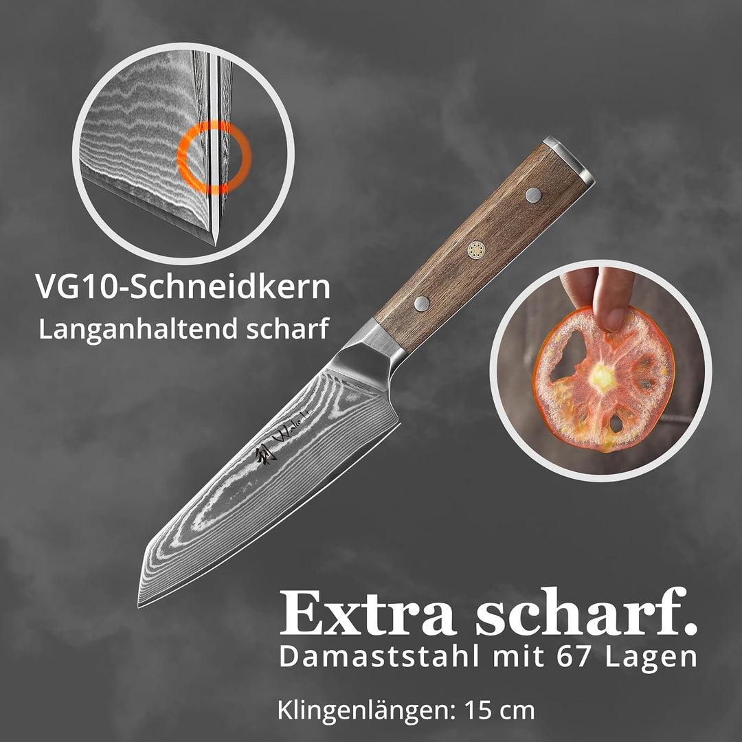 Wakoli Hickory Kiritsuke-Chefmesser 15 cm, 67 Lagen Damaststahl, VG10-Kern | Full-Tang-Konstruktion,