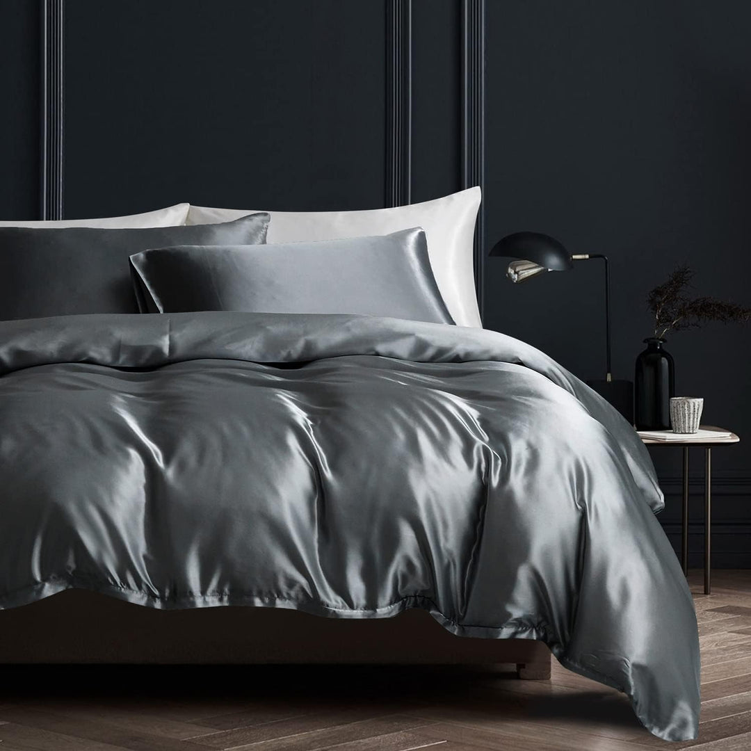 Satin Bettwäsche 155x220 Glänzend Grau Anthrazit Dunkelgrau Seide Glatt Glanzsatin Einfarbig Bettbez